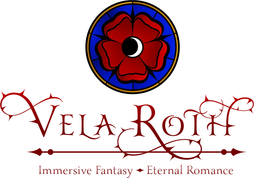 Stained Glass Hespera's Rose Logo with text "Vela Roth, Immersive Fantasy - Eternal Romance"